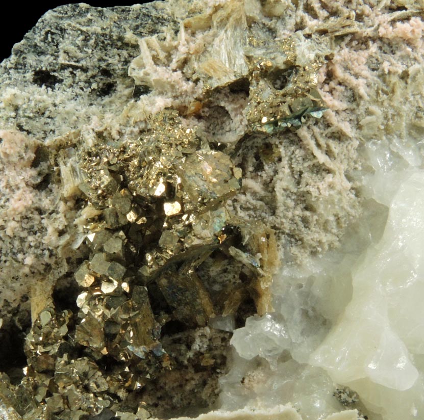Detail view of mineral Pyrite and Stilbite-Ca in Calcite-filled vein for sale from Harlem Meer, in the northeast corner of Central Park, New York City, New York County, New York