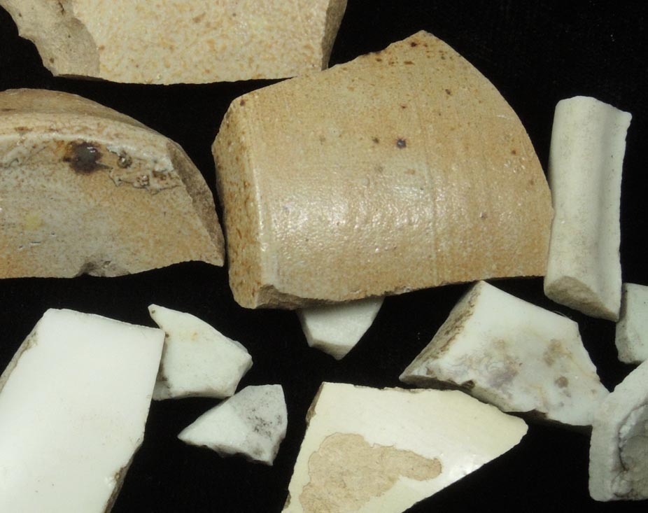 Detail view of mineral Glazed china and crockery fragments for sale from midden probably from the Black Horse Tavern, Manhattan Island, near McGowan's Pass, New York City, New York County, New York