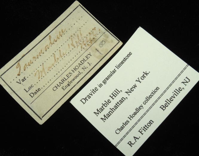 Detail view of mineral Dravite-Uvite Tourmaline in Inwood Marble for sale from Marble Hill, Manhattan Island, New York City, New York County, New York