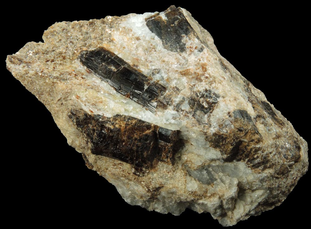 Detail view of mineral Dravite-Uvite Tourmaline in Inwood Marble for sale from northwest corner of 207 Street and Broadway, Manhattan Island, New York City, New York County, New York