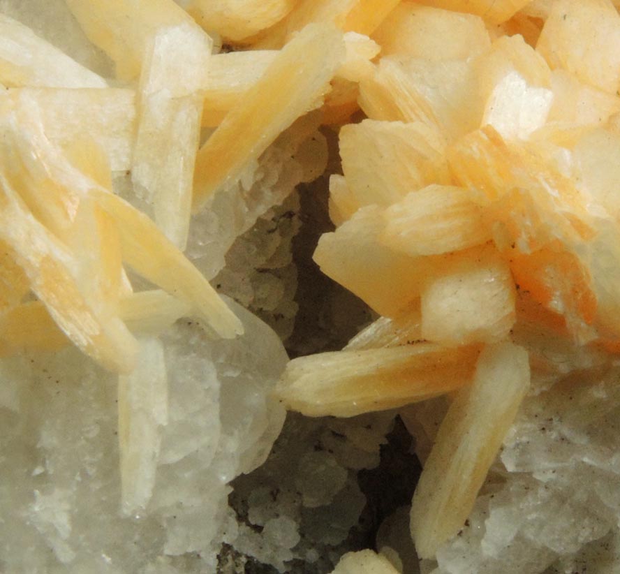Detail view of mineral Stilbite-Ca on Calcite for sale from IRT Pelham Line Subway under Southern Boulevard, Bronx, New York City, Bronx County, New York